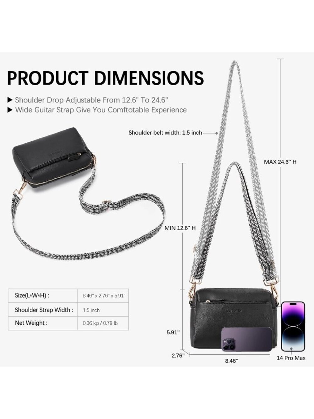 Women's Black Leather Triple Zip Crossbody Bag Purse with Colored Shoulder Strap - Picture 4 of 6